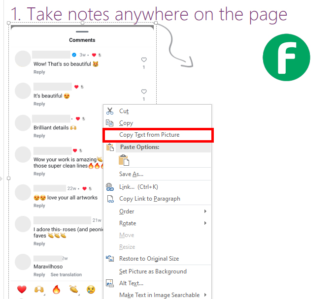 how to copy comments in instagram by onenote